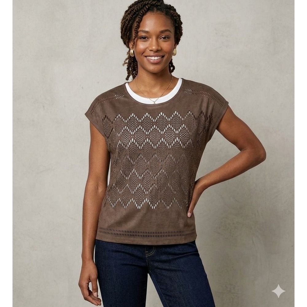 Chicos Faux Suede Laser Cut Top Brown Cap Sleeve Geometric Blouse Size 1 M 8